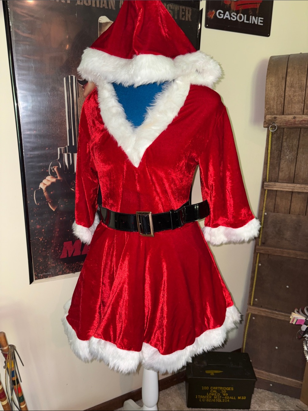 Women's Red Hooded Santa Dress with Faux-Fur Trim and Belt